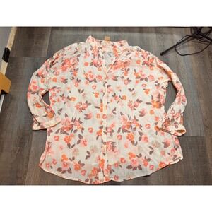 Woolrich Womens XL Floral Button Down Shirt Mandarin Collar Textured Pink Orange